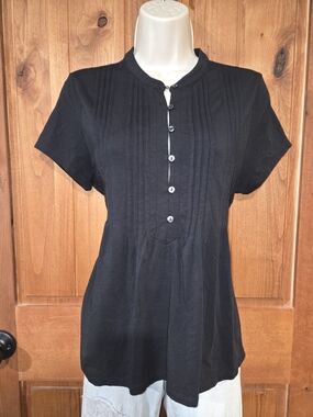 Lands' End Black Short-Sleeve Pintuck Button Front Top